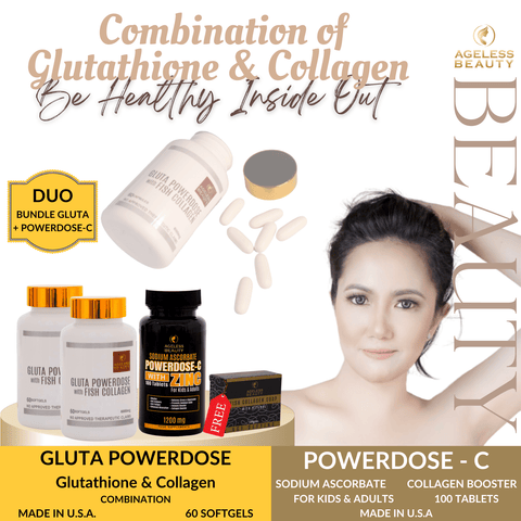 DUO GLUTA BUNDLE AGELESS BEAUTY Gluta Powerdose with Fish Collagen + FREE 1 Powerdose - C with ZINC